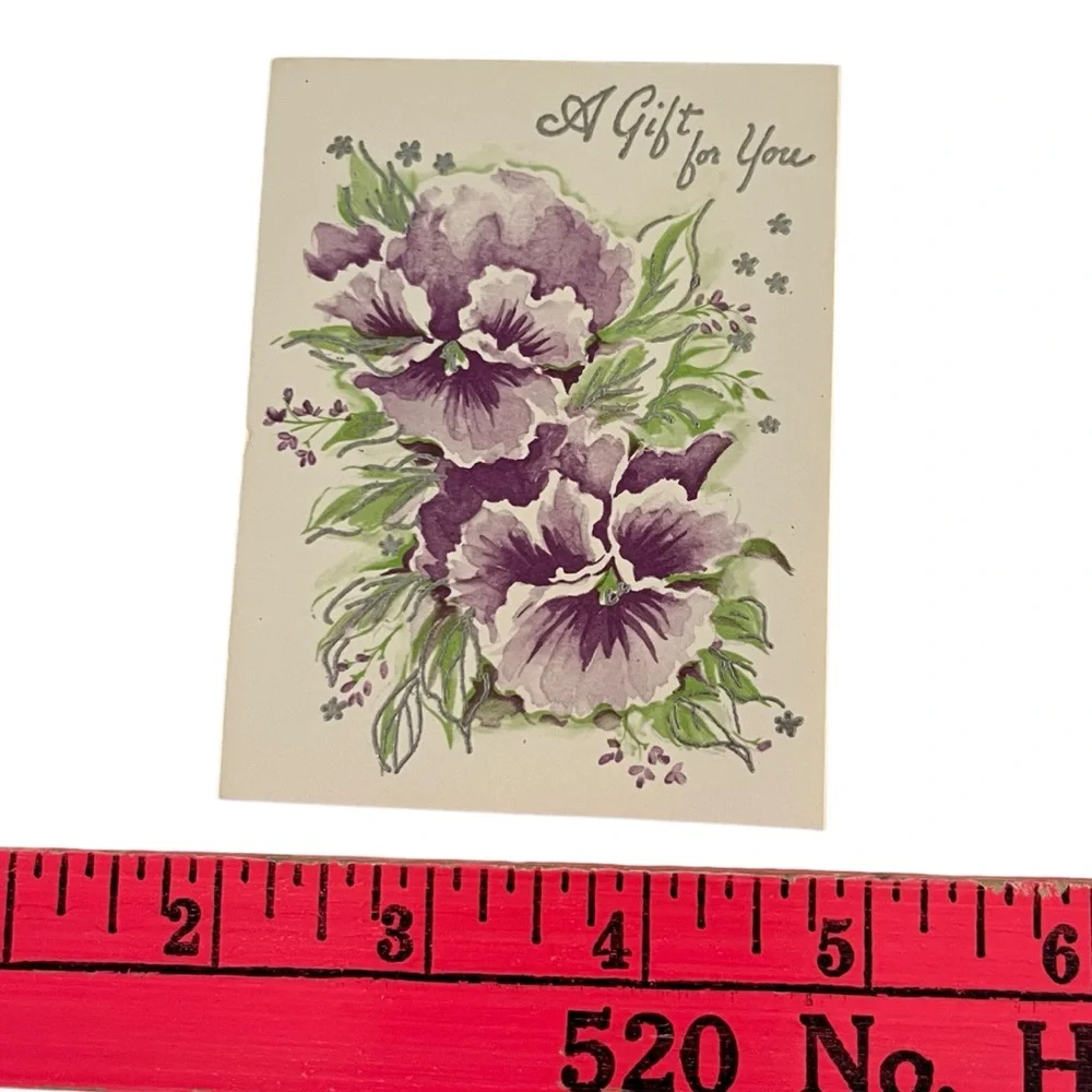 Vintage Unused Greeting Card A Gift For You Green Purple Pansy Flowers Blank